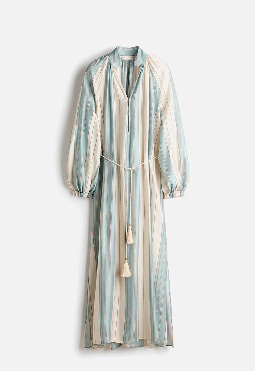 H&M - Oversized tie-belt dress - light beige/turquoise striped