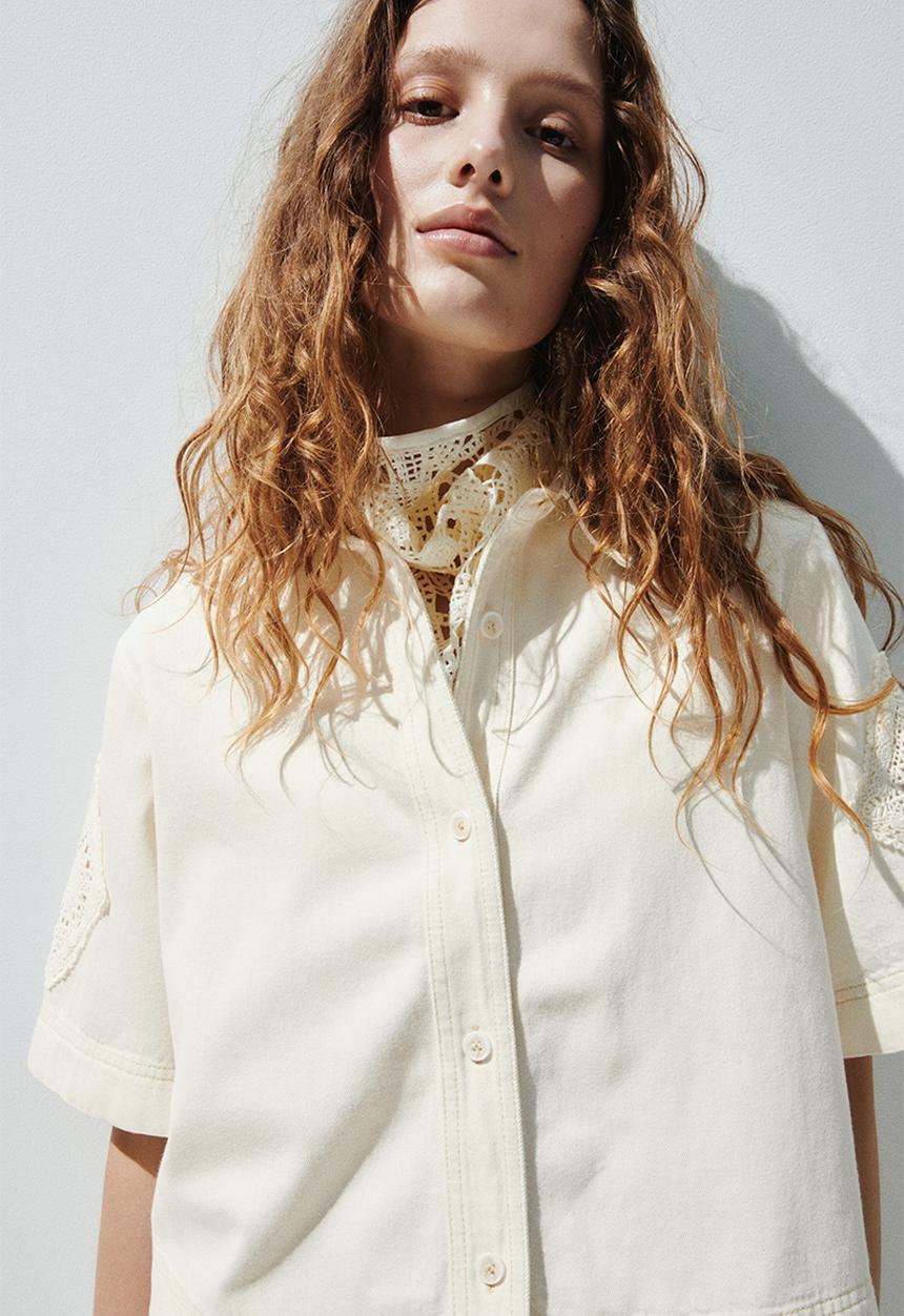 H&M - Short-sleeved denim shirt - cream