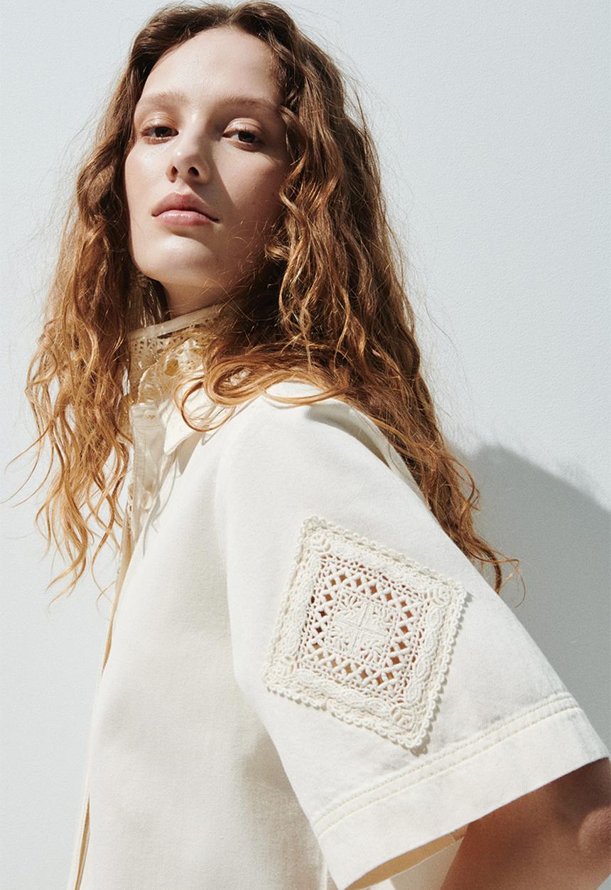H&M - Short-sleeved denim shirt - cream