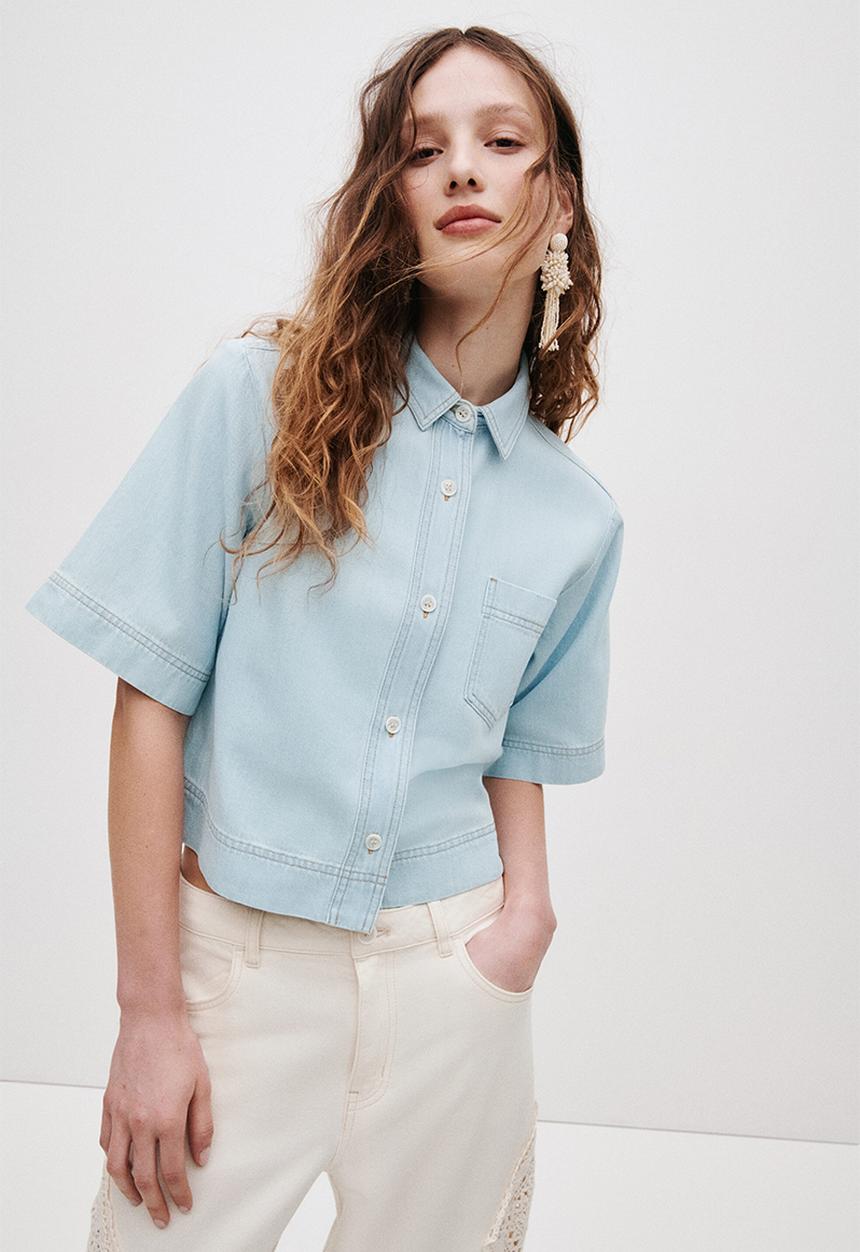 H&M - Short-sleeved denim shirt - light denim blue