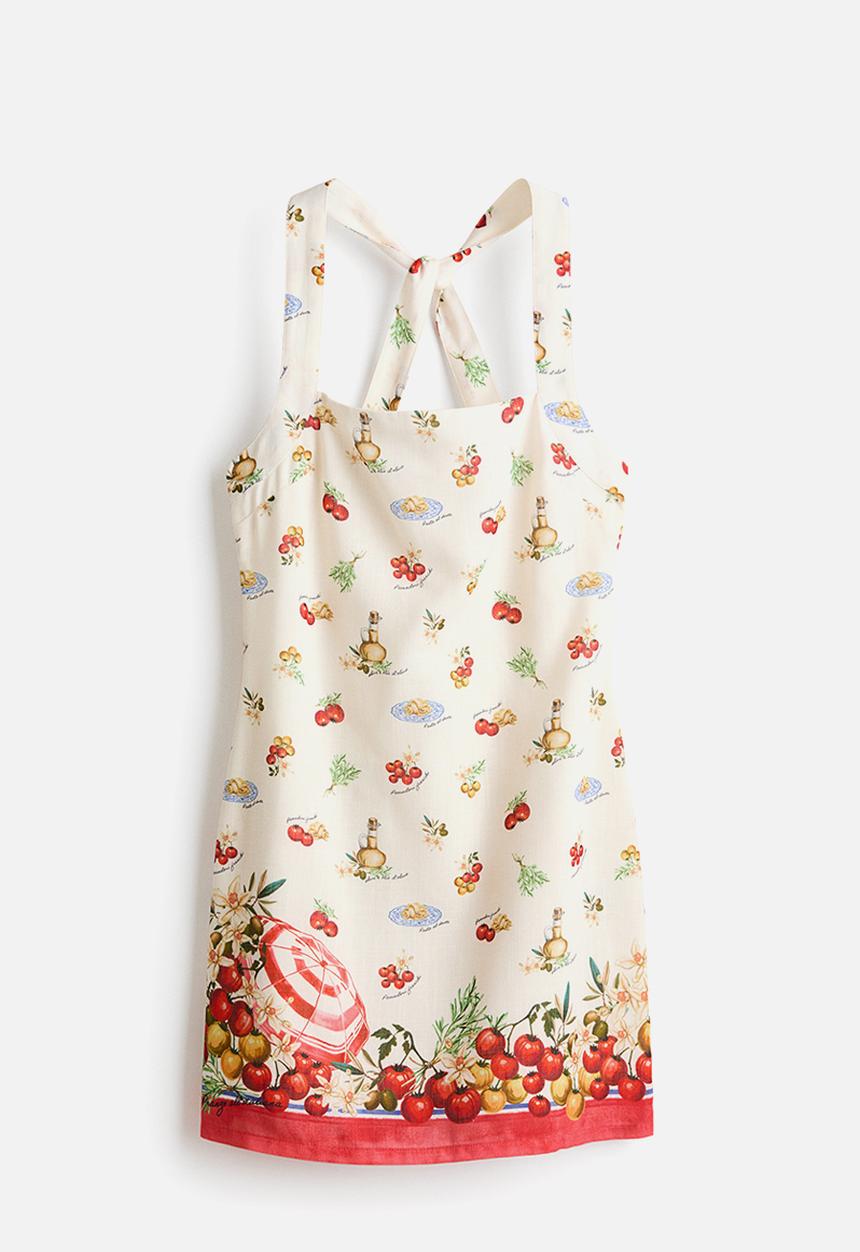 H&M - Twist-detail printed dress - cream/tomatoes