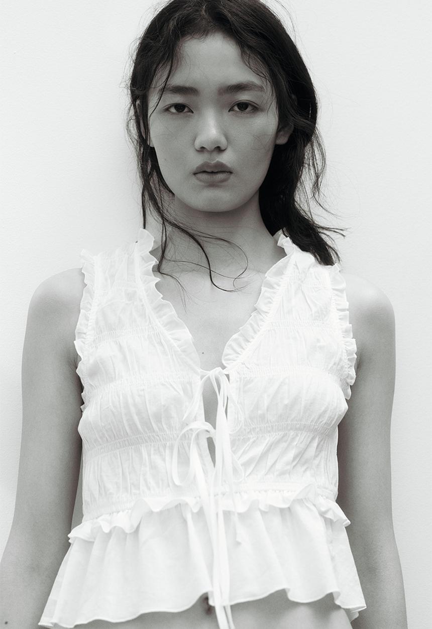 H&M - Tie-detail smocked top - cream