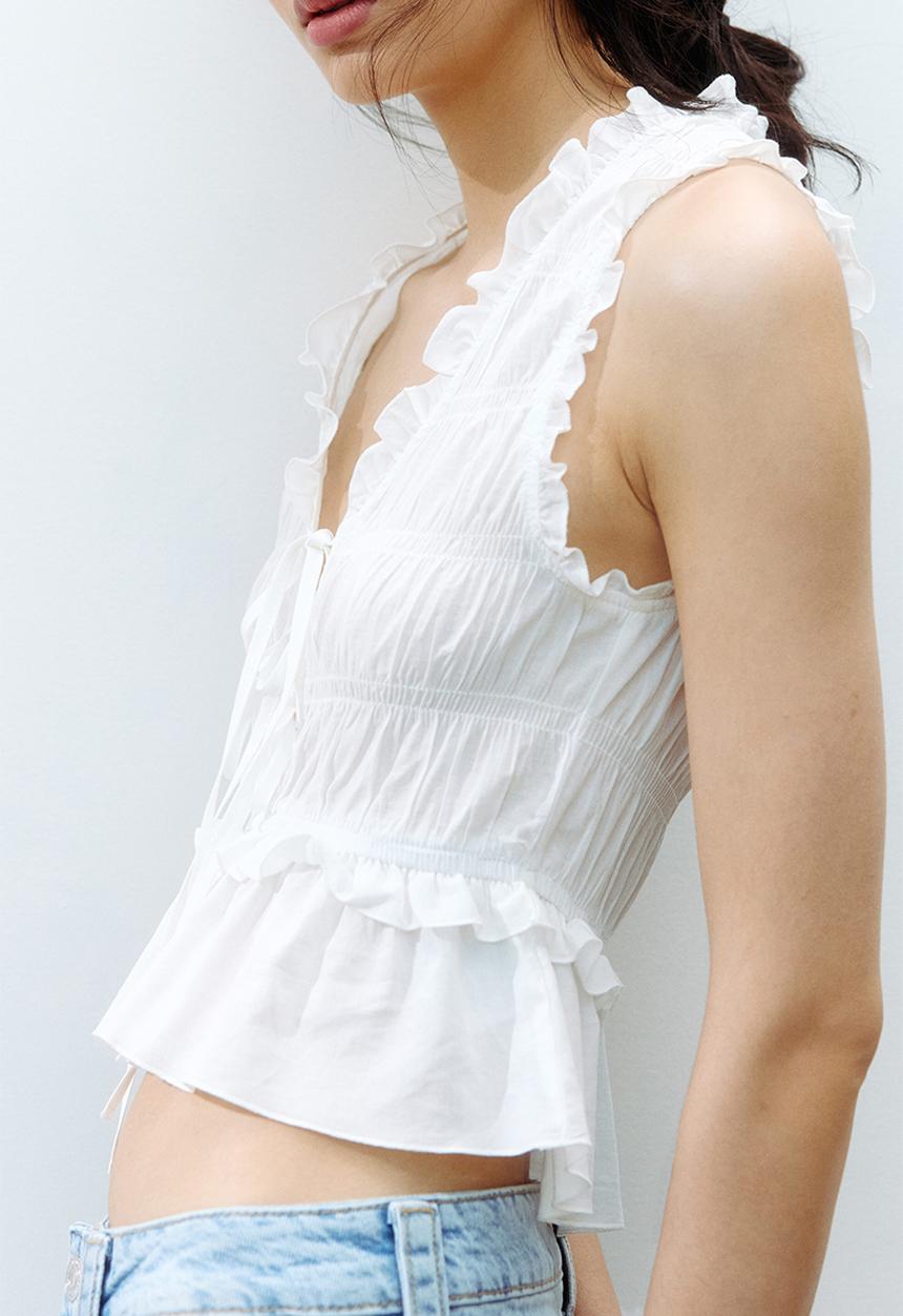 H&M - Tie-detail smocked top - cream
