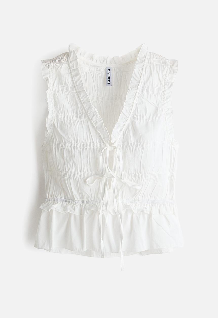 H&M - Tie-detail smocked top - cream