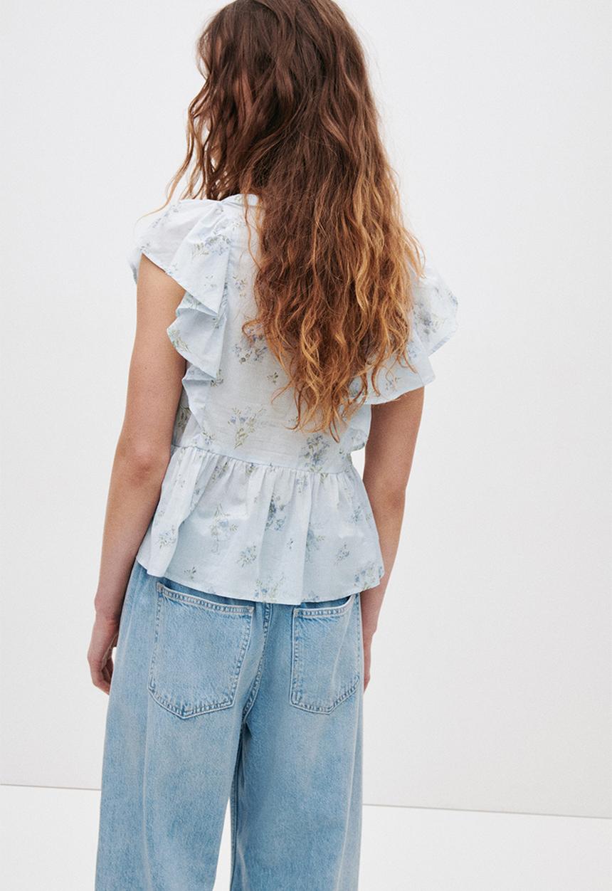 H&M - Frill-trimmed cotton top - light blue/floral