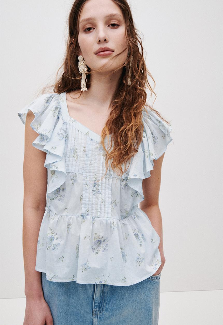 H&M - Frill-trimmed cotton top - light blue/floral