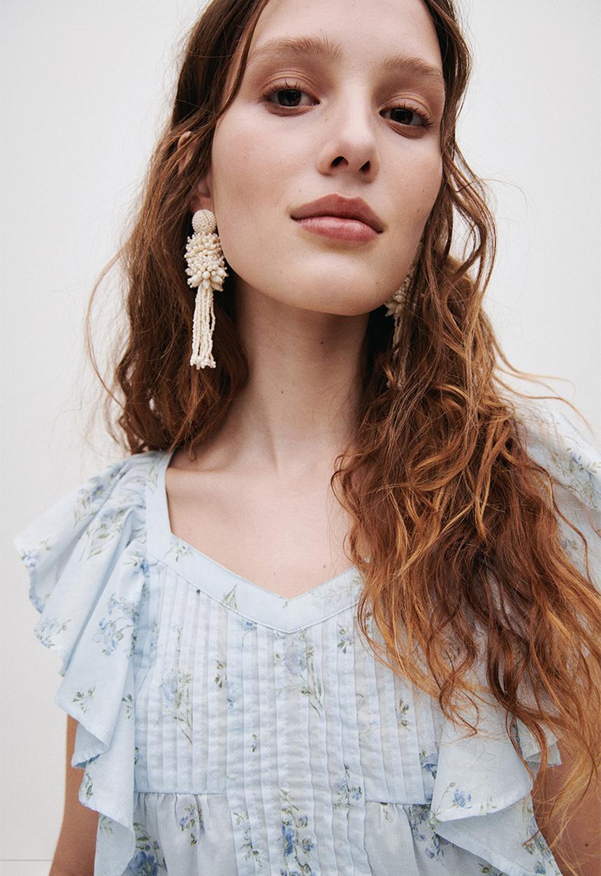 H&M - Frill-trimmed cotton top - light blue/floral