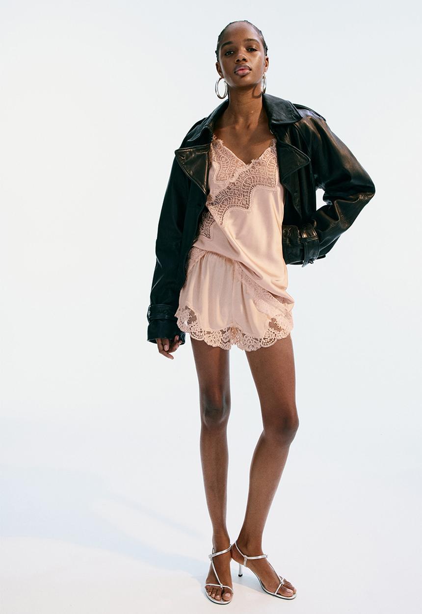 H&M - Lace-trimmed strappy satin top - light dusty pink