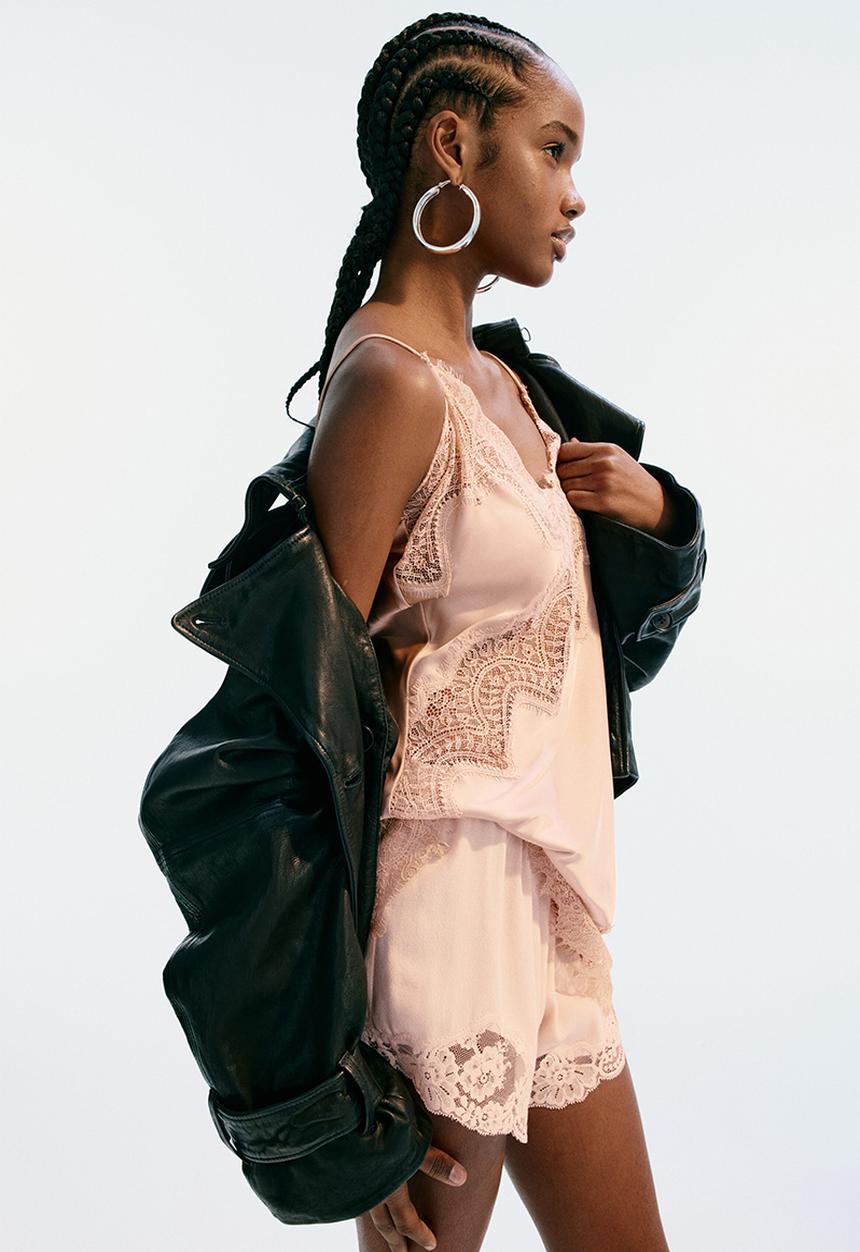 H&M - Lace-trimmed strappy satin top - light dusty pink