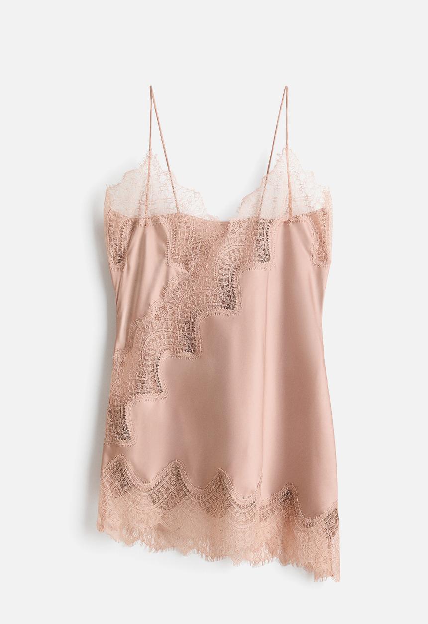 H&M - Lace-trimmed strappy satin top - light dusty pink