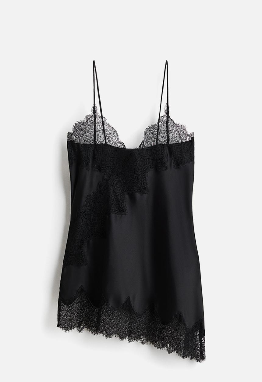 H&M - Lace-trimmed strappy satin top - black