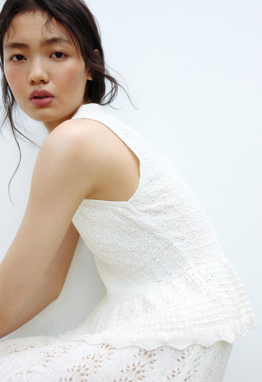 H&M - Pointelle-knit peplum top - cream