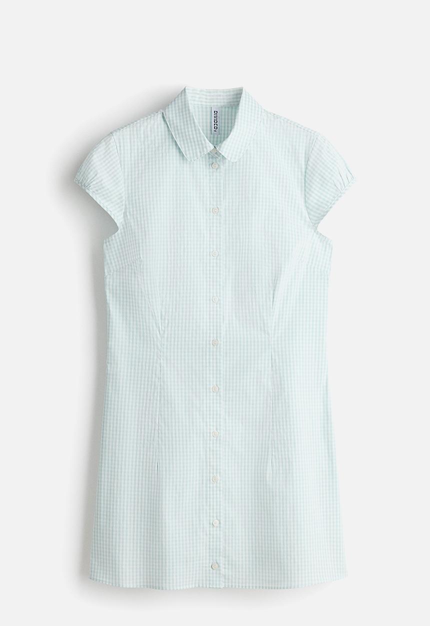 H&M - Cap-sleeved shirt dress - light turquoise/checked