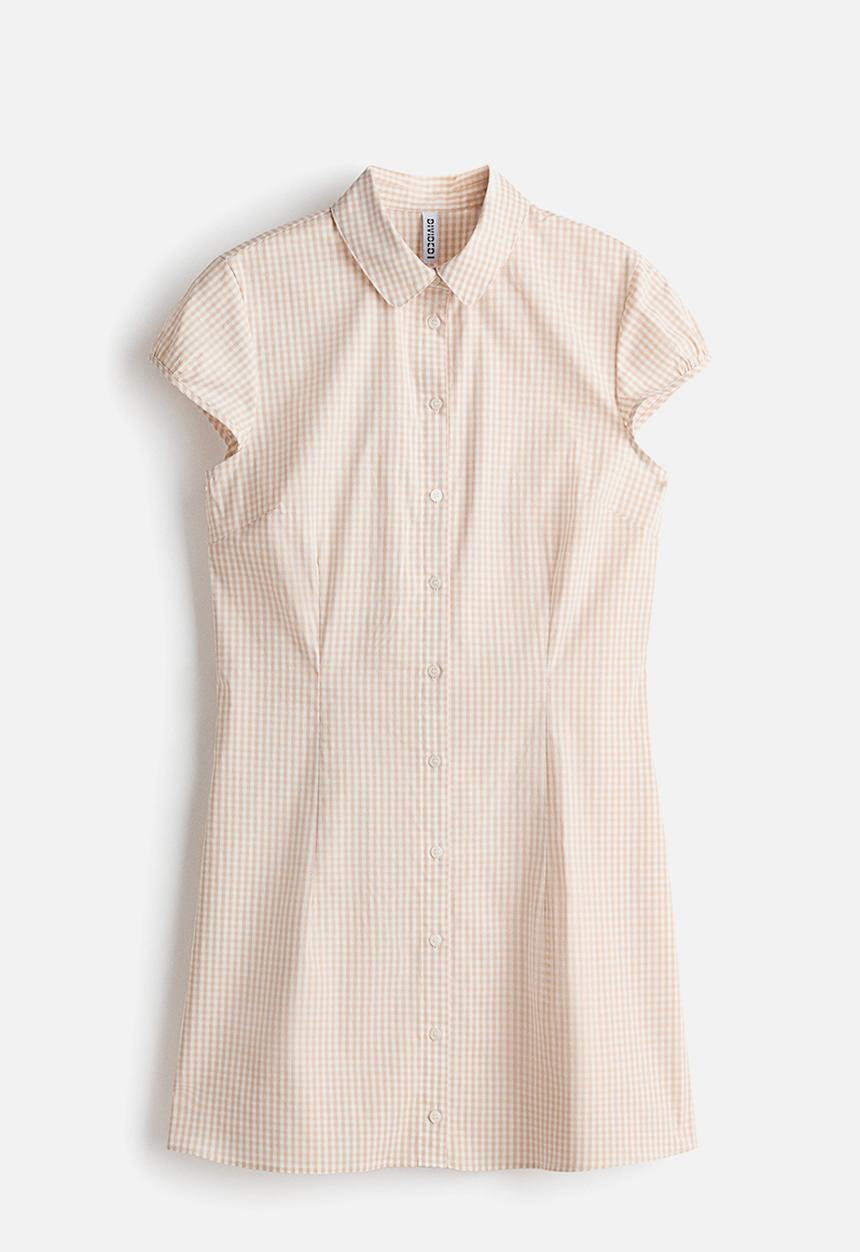 H&M - Cap-sleeved shirt dress - light beige/checked