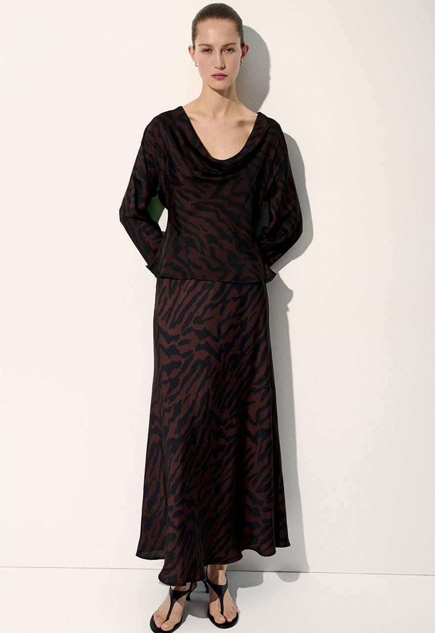 H&M - Maxi slip skirt - dark brown/zebra print