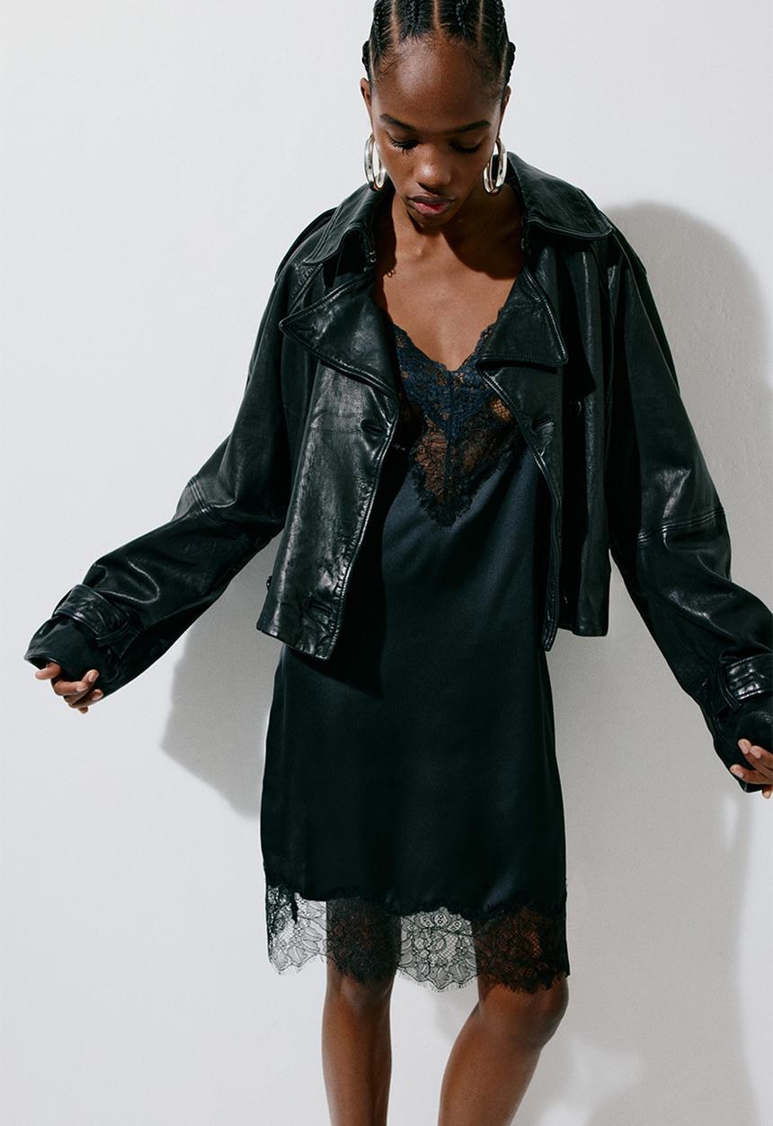 H&M - Lace-trimmed satin dress - black