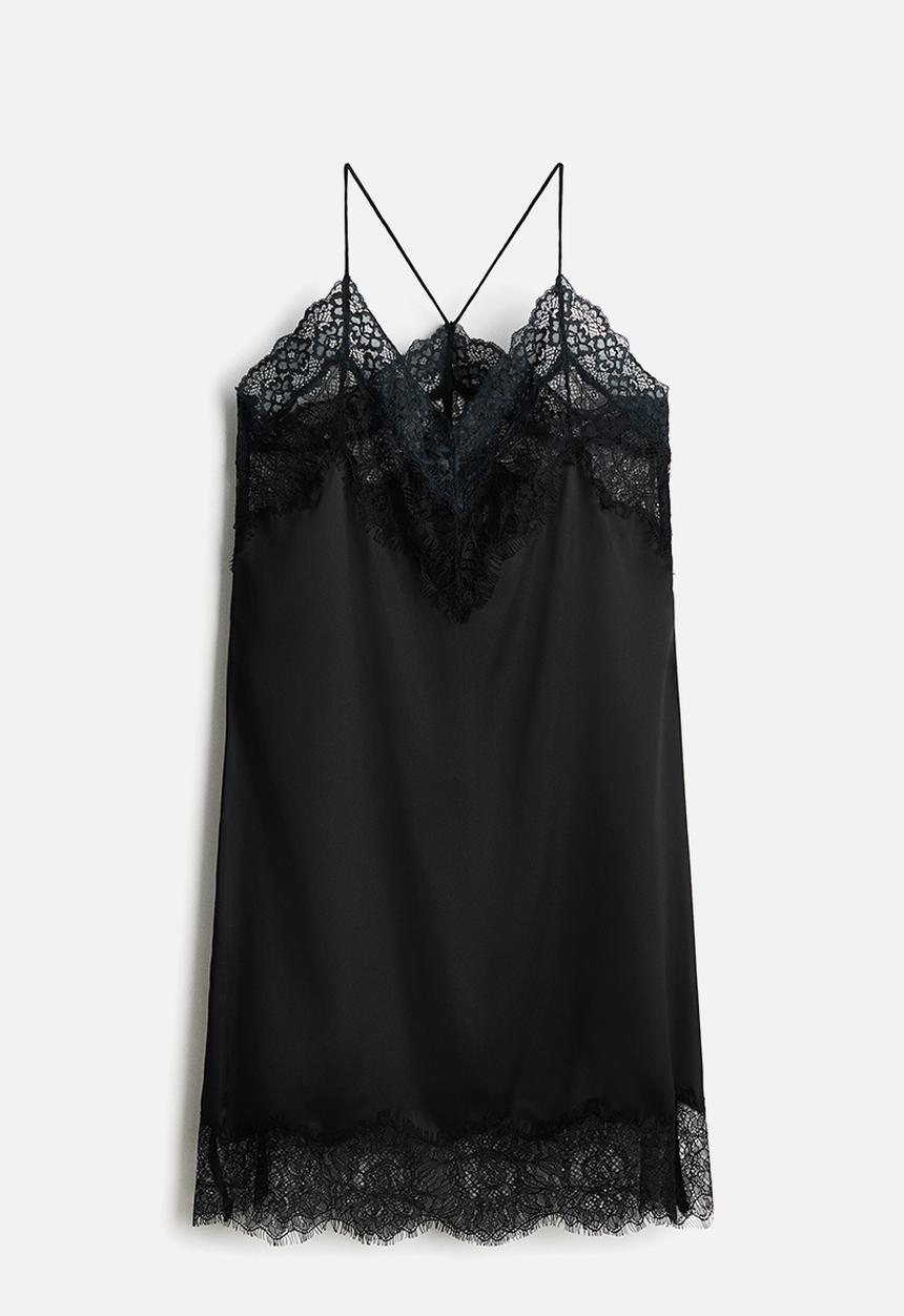 H&M - Lace-trimmed satin dress - black