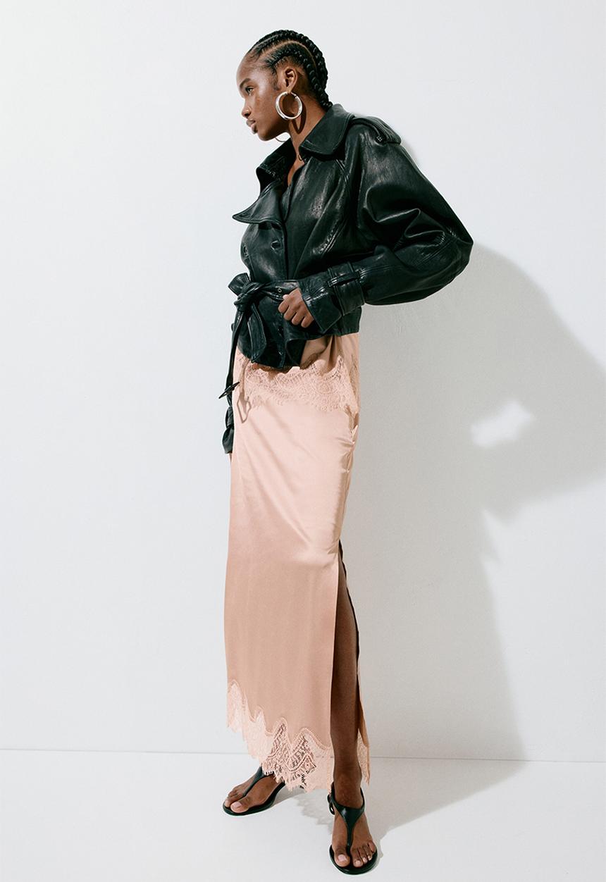 H&M - Lace-trimmed satin skirt - beige