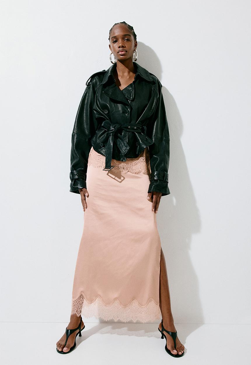 H&M - Lace-trimmed satin skirt - beige