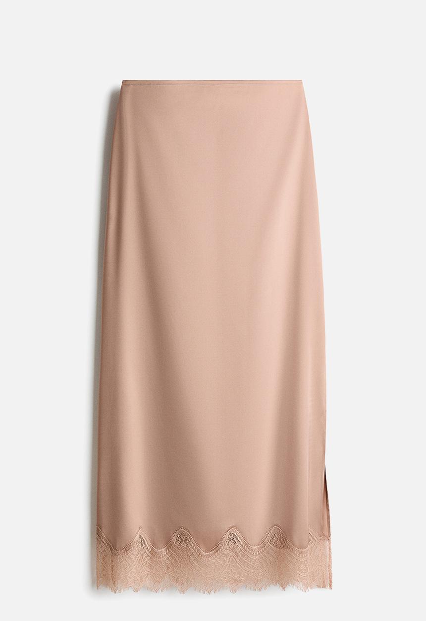 H&M - Lace-trimmed satin skirt - beige