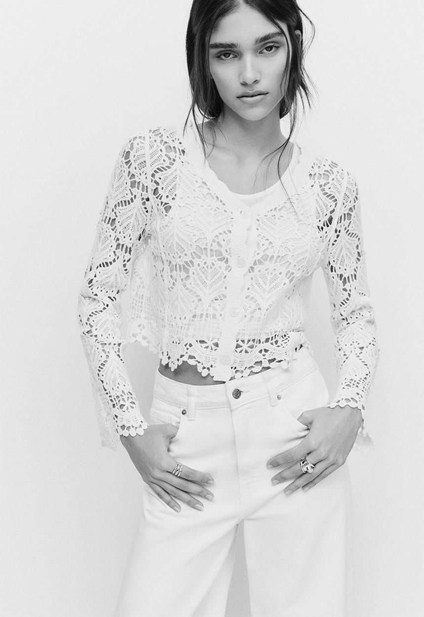H&M - Crochet-look cotton cardigan - light beige