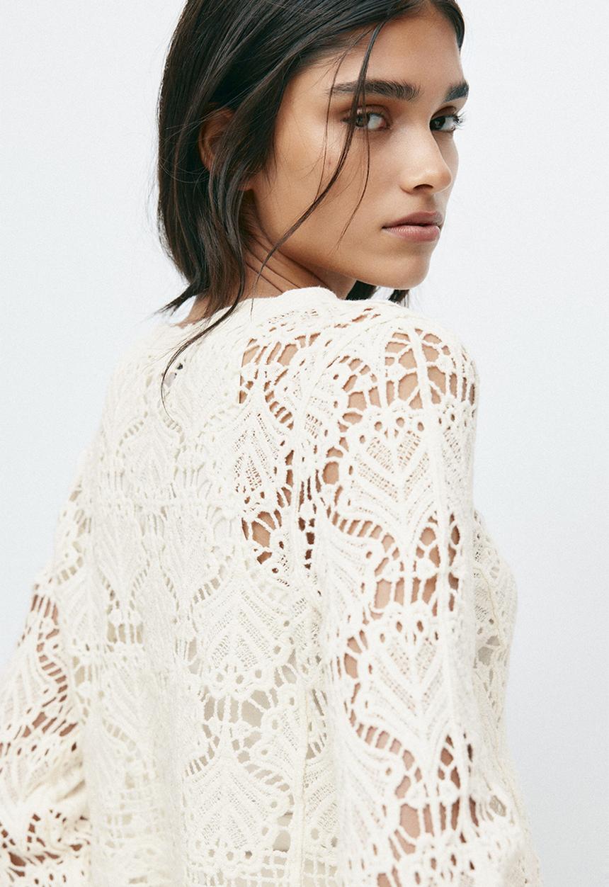 H&M - Crochet-look cotton cardigan - light beige