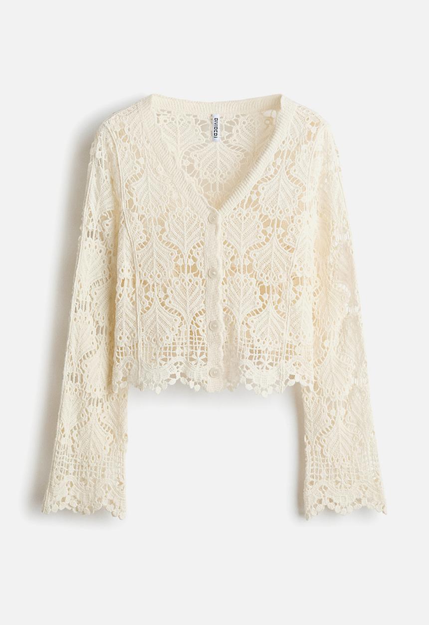 H&M - Crochet-look cotton cardigan - light beige