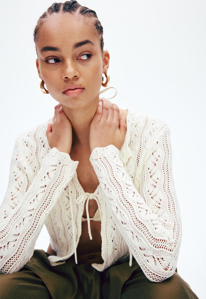 H&M - Pointelle-knit tie-front cardigan - cream