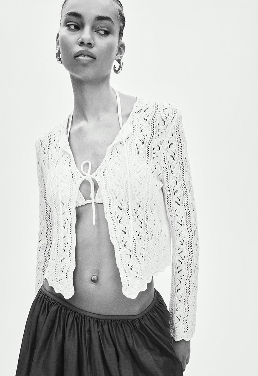 H&M - Pointelle-knit tie-front cardigan - cream