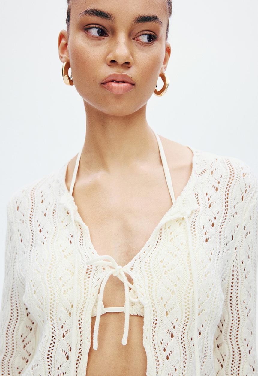 H&M - Pointelle-knit tie-front cardigan - cream