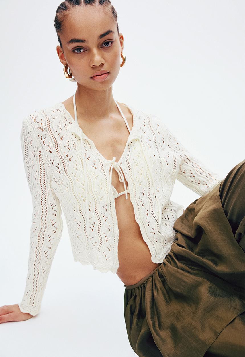 H&M - Pointelle-knit tie-front cardigan - cream