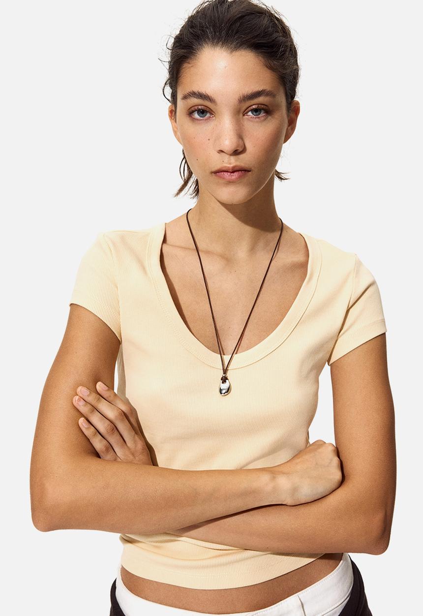 H&M - Ribbed scoop-neck t-shirt - light yellow