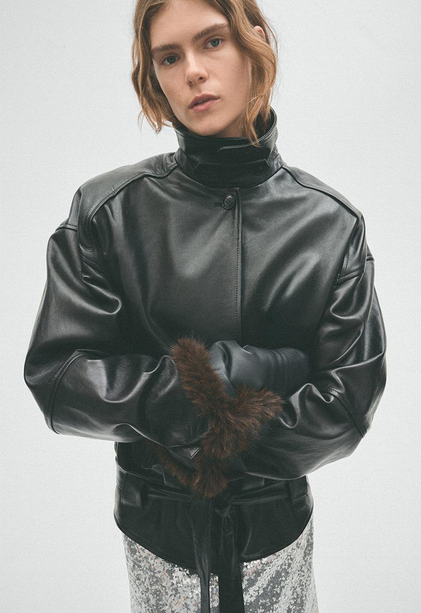 H&M - H&M Studio:  Shoulder-pad leather jacket - black