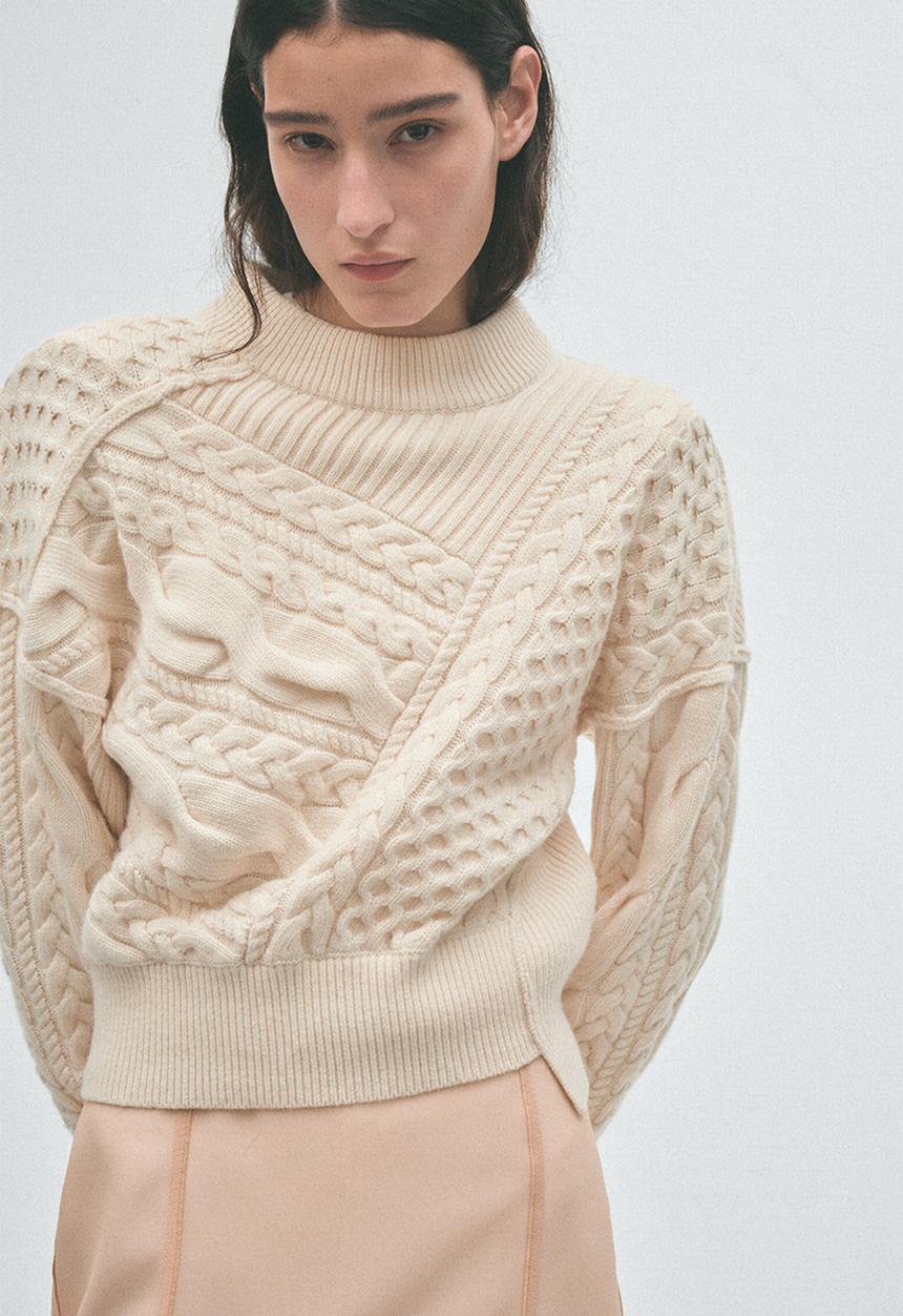 H&M - H&M Studio:  Cable-knit shoulder-pad jumper - cream