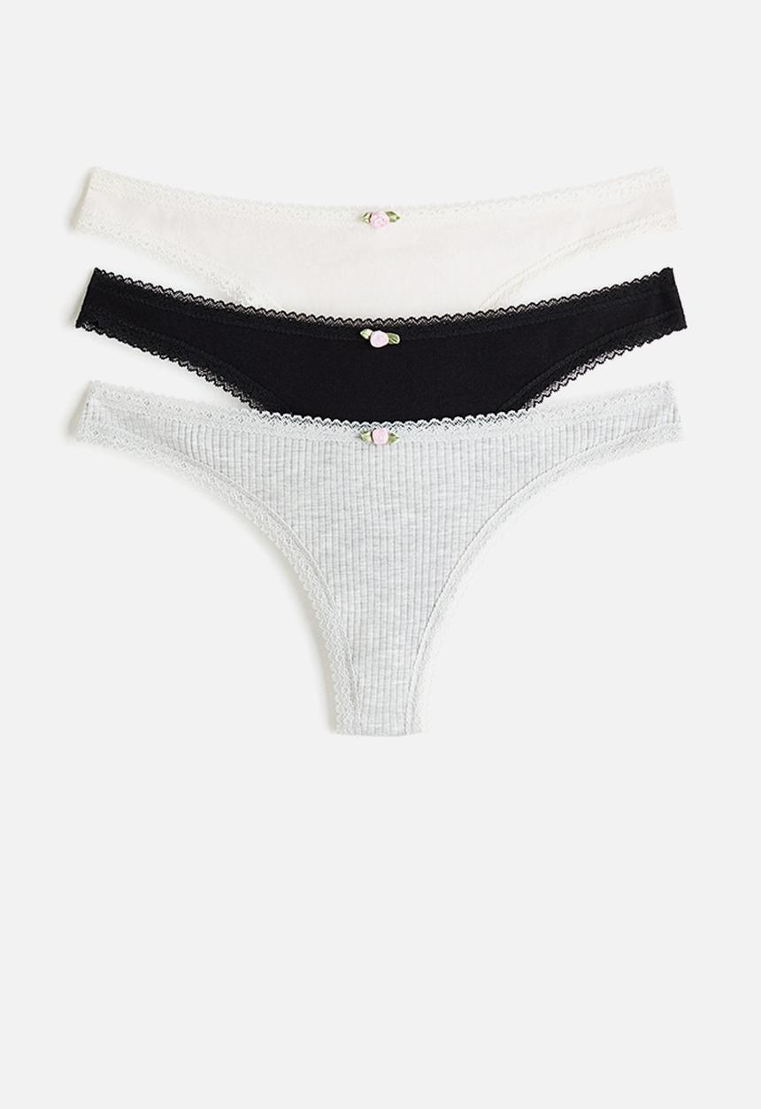 H&M - 3-pack cotton thong briefs - black/light grey marl