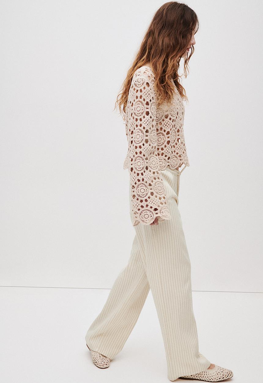 H&M - Denim pull-on trousers - light beige/striped
