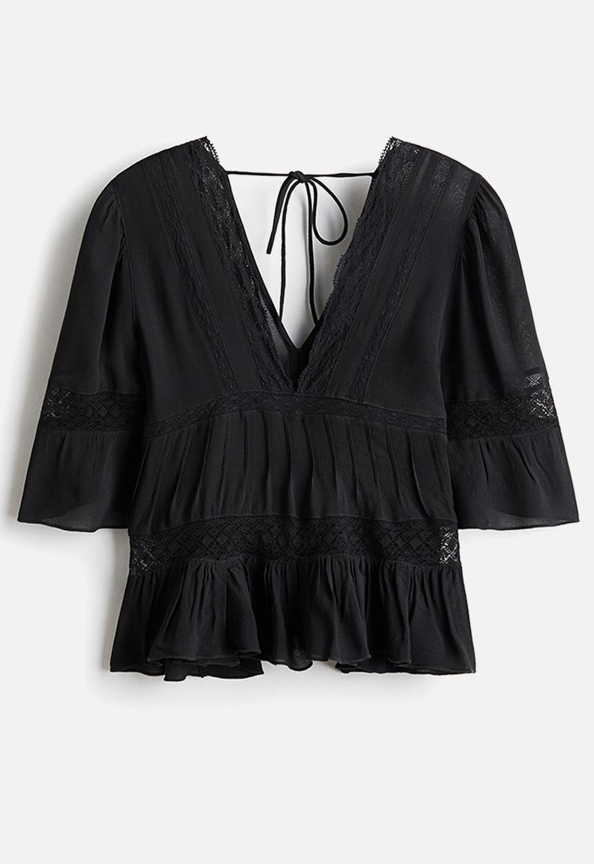 H&M - Lace-detail viscose blouse - charcoal grey