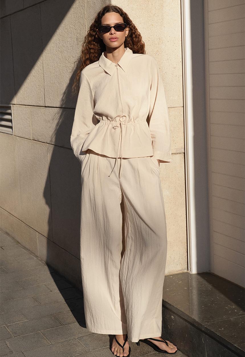 H&M - Wide drawstring trousers - light beige