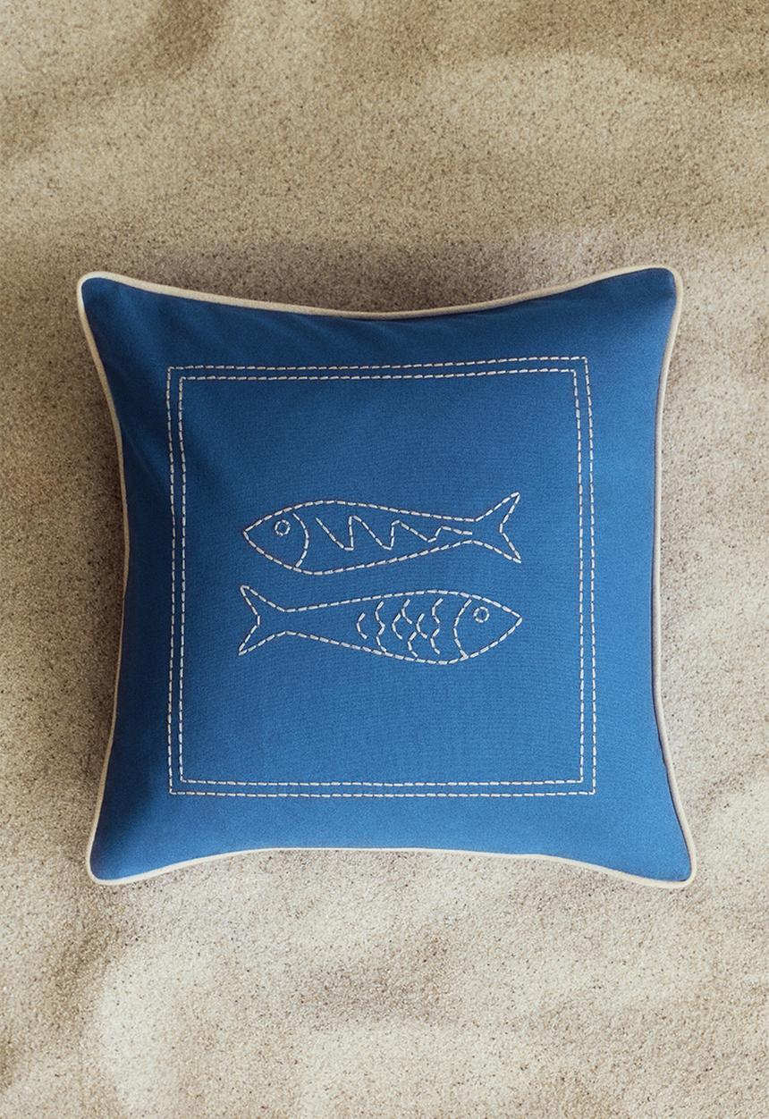 H&M - Embroidery-motif cushion cover - bright blue/fish
