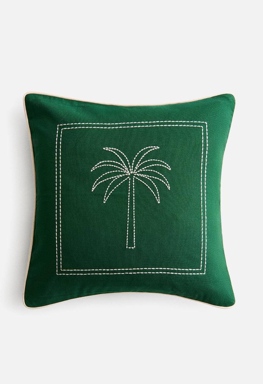 H&M - Embroidery-motif cushion cover - dark green/palm tree