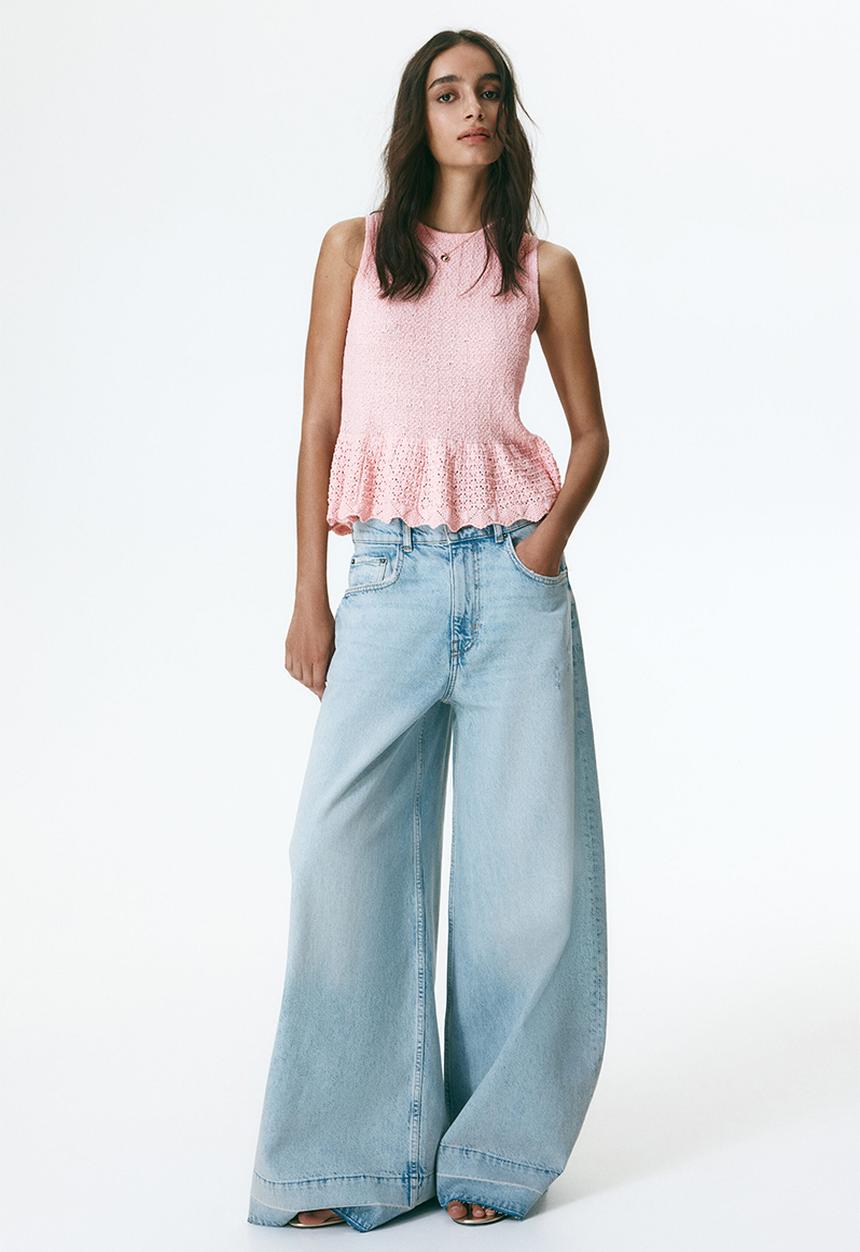 H&M - Pointelle-knit peplum top - light pink