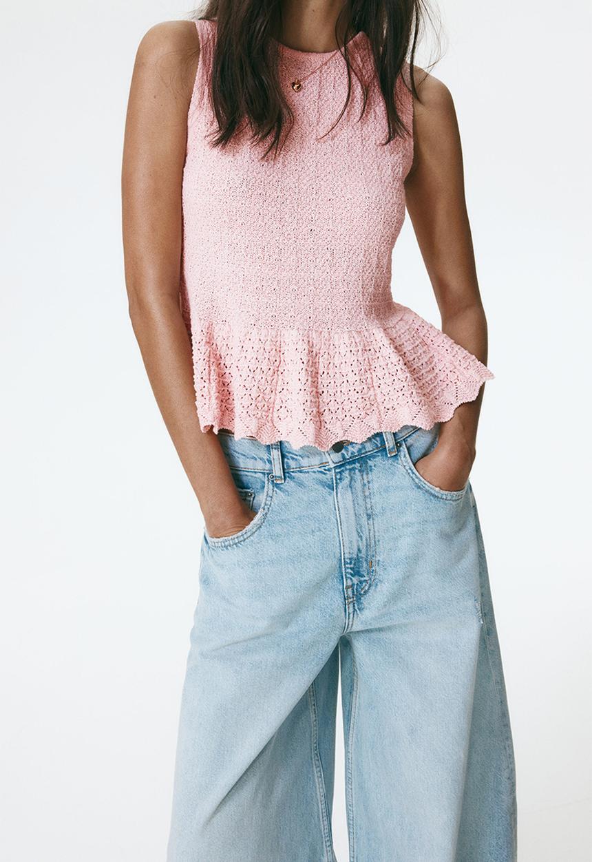 H&M - Pointelle-knit peplum top - light pink