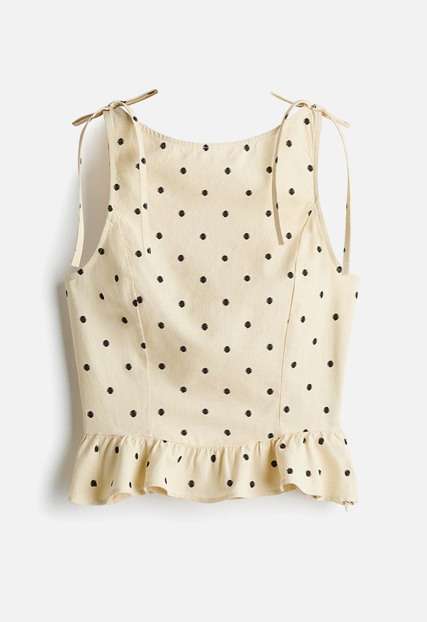 H&M - Linen-blend peplum top - light yellow/spotted