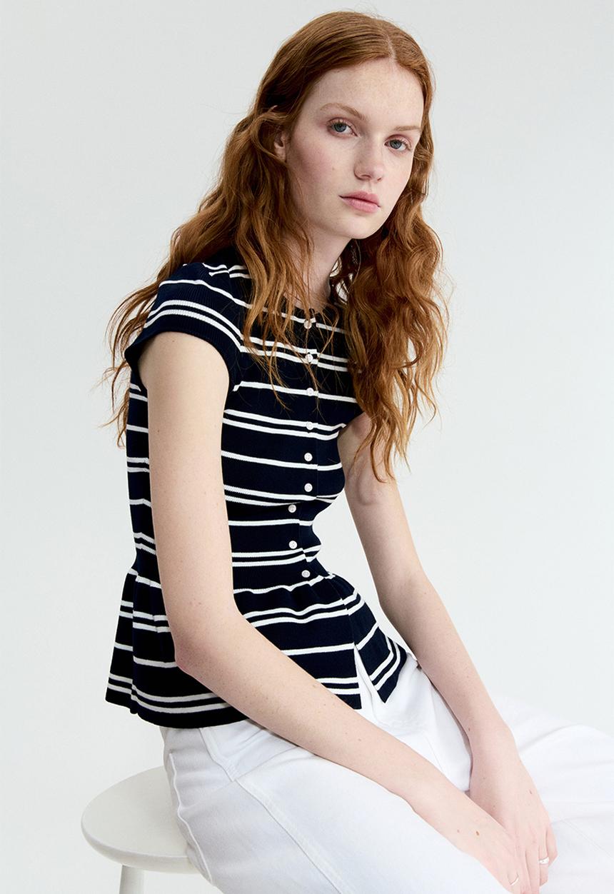 H&M - Short-sleeved peplum cardigan - black/white striped