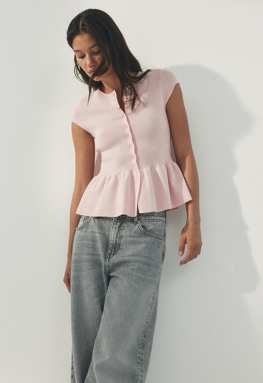 H&M - Short-sleeved peplum cardigan - light pink