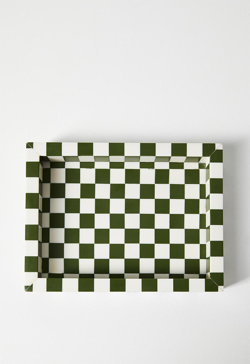 Sixth Floor - Check Inlay Trinket Tray - Green & Natural
