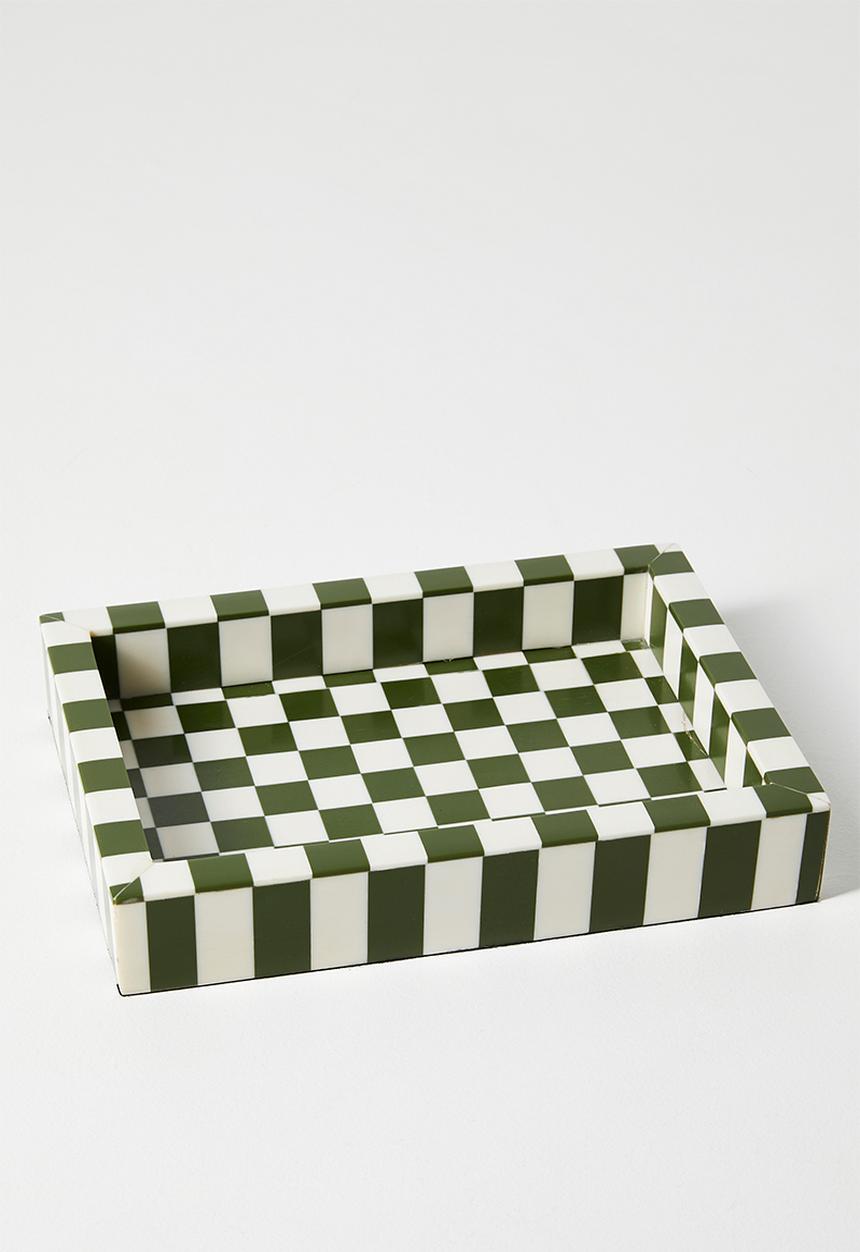 Sixth Floor - Check Inlay Trinket Tray - Green & Natural