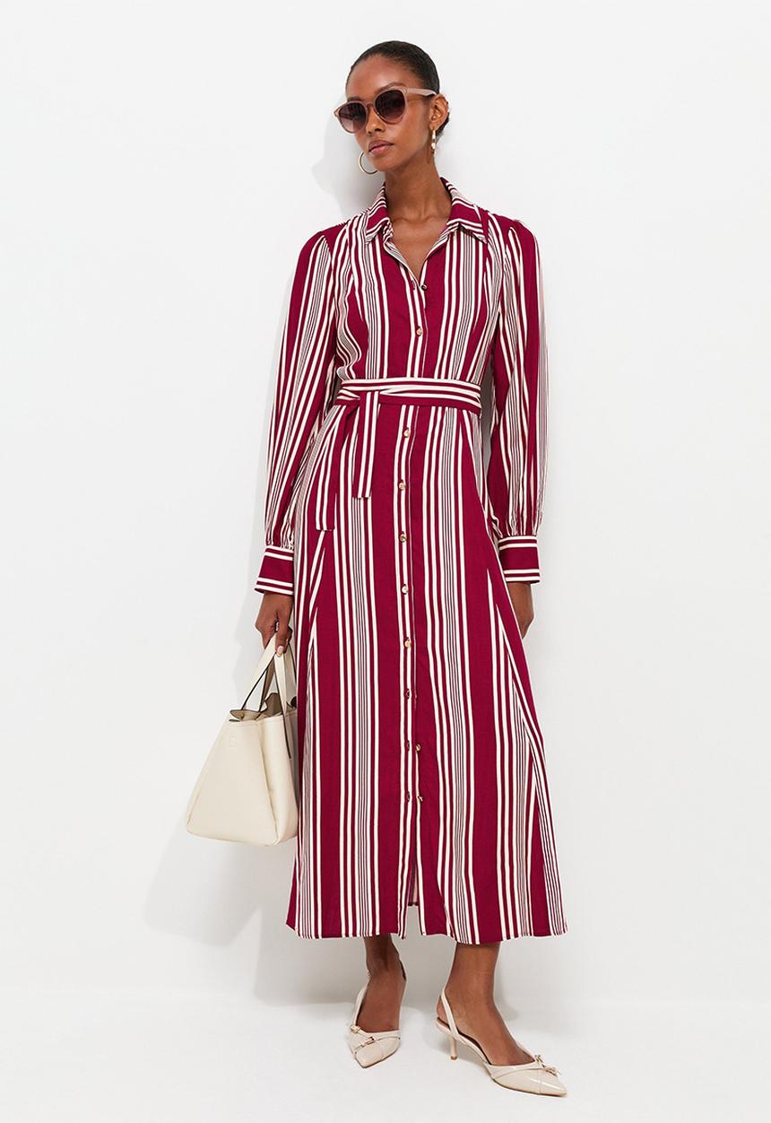 New Look - Emma Stripe Shirt Midi Dress - Red