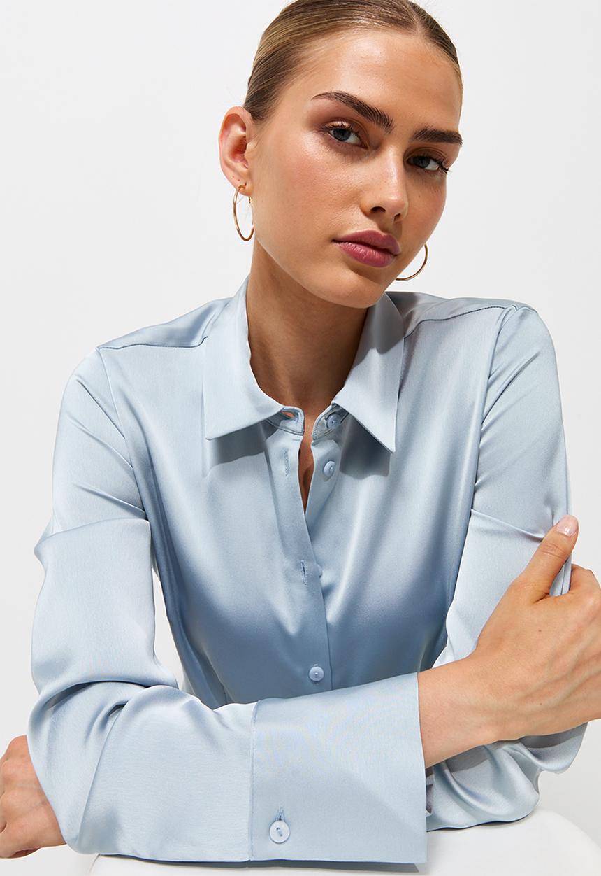 New Look - K Santana Waisted Satin Shirt - Icy Grey Blue