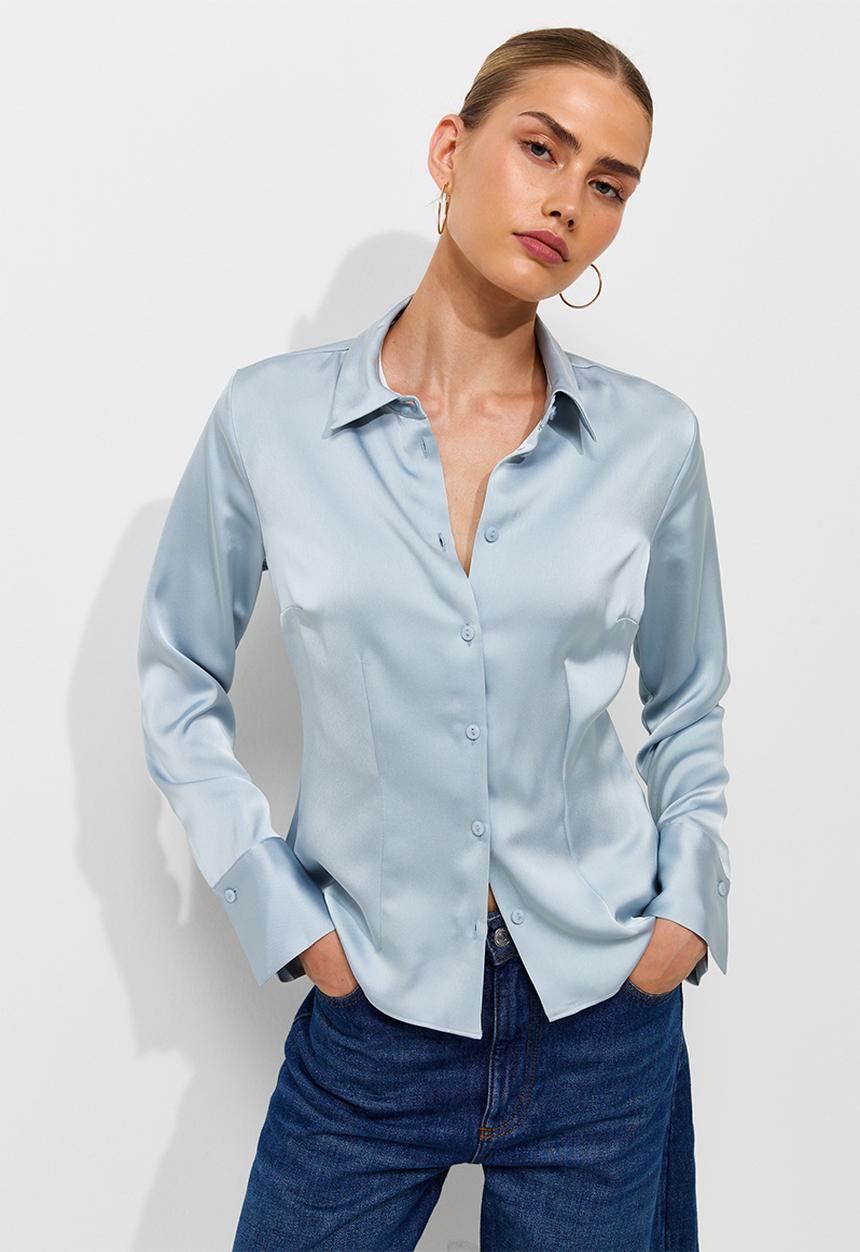 New Look - K Santana Waisted Satin Shirt - Icy Grey Blue